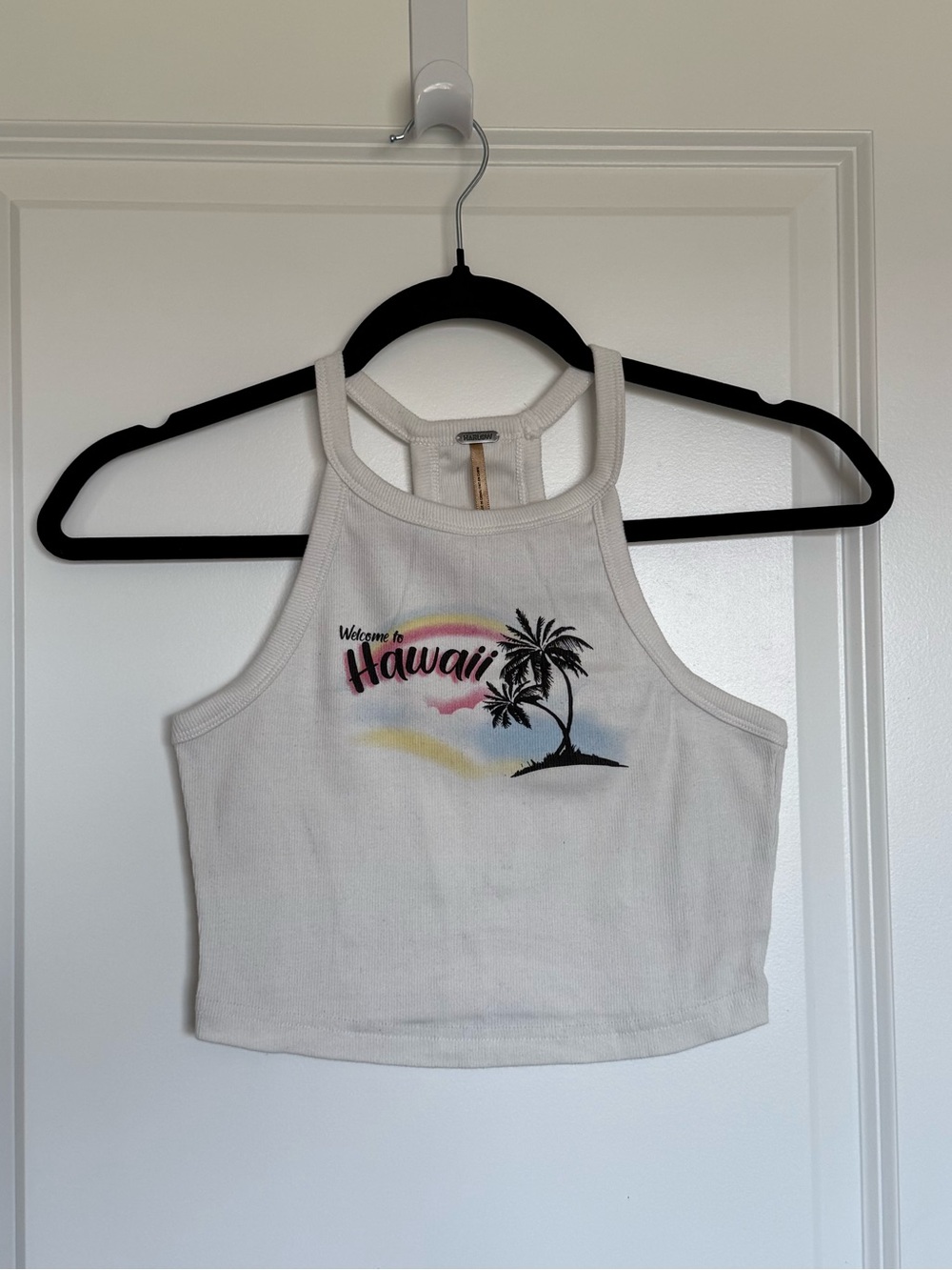Harlow White Cropped Tank Top With Colourful Hawaii Graphic